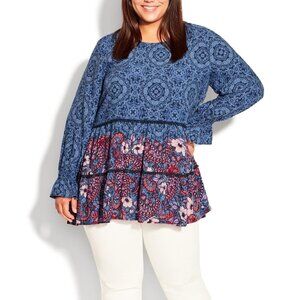 AVENUE Blue Boho Blouse Plus Size 20 Rayon Tunic Top Long Sleeve NWT